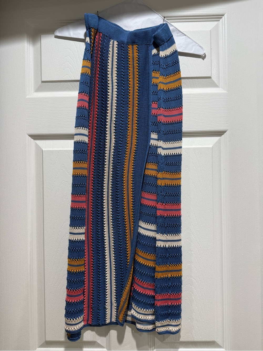 Blue Striped Crochet Maxi Skirt with Multicolor Accents
